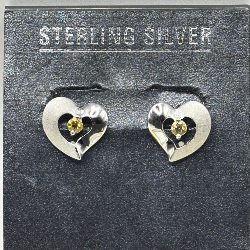 Sterling Silver Heart Stud Earrings Yellow Citrine Gemstone 925 Silver Romantic